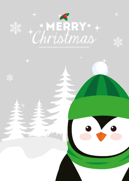 Fröhliches Weihnachtsposter mit Pinguin in Winterlandschaft — Stockvektor