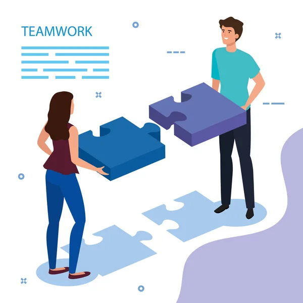 Work team couple with puzzle pieces — Stock Vector