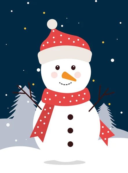 Merry christmas snowman in winter landscape — 스톡 벡터
