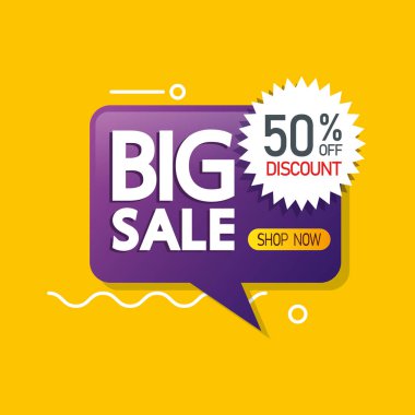 Konuşma balonunda büyük satış harfleri ve% 50 indirimli ticari etiket.