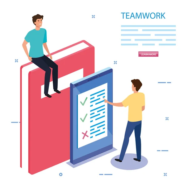 Werkteam met boek en smartphone — Stockvector