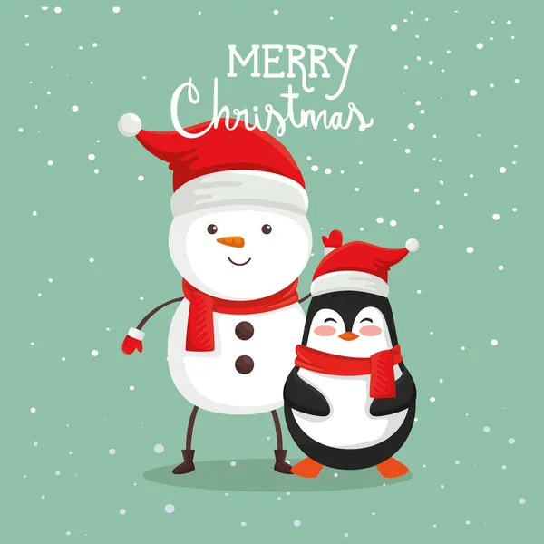 Fröhliches Weihnachtsposter mit Schneemann und Pinguin — Stockvektor
