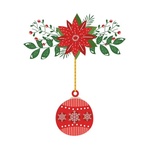Bloem kerst met bal decoratieve opknoping — Stockvector