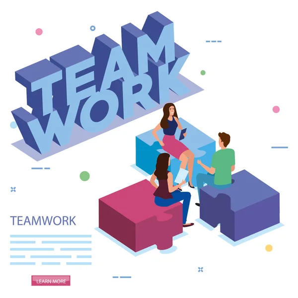 Team di lavoro in riunione con pezzi di puzzle — Vettoriale Stock