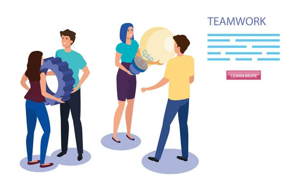 Grupo de trabajo con equipo y bombilla — Vector de stock