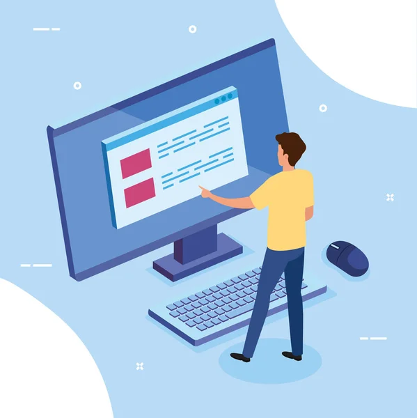 デスクトップコンピュータを持ったビジネスマン — ストックベクタ