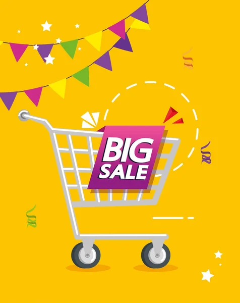 Etiqueta comercial con gran oferta de venta de letras y carrito de compras — Archivo Imágenes Vectoriales