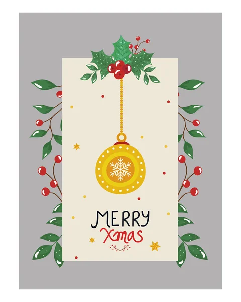 Alegre cartaz de Natal com bola pendurada e folhas decorativas — Vetor de Stock