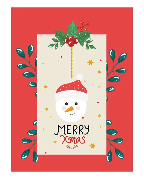 Alegre cartaz de Natal com rosto boneco de neve e folhas decorativas — Vetor de Stock