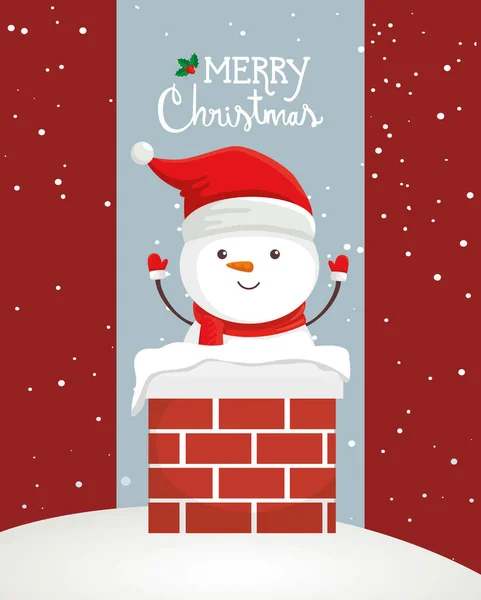 Merry christmas poster with snowman in chimney — Stock Vector