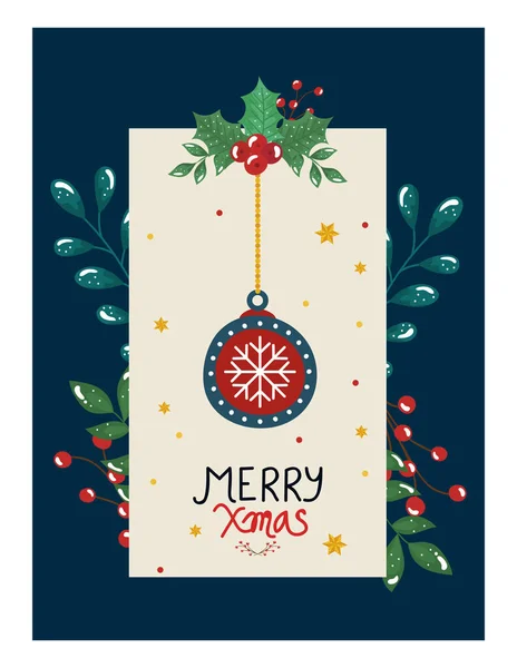Alegre cartaz de Natal com bola pendurada e folhas decorativas — Vetor de Stock