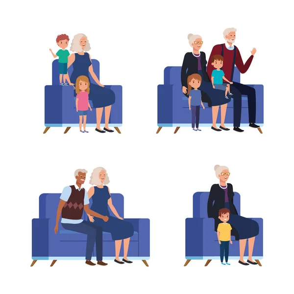 祖父母和孙子孙女坐在沙发上的场景 — 图库矢量图片