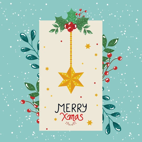Веселый рождественский плакат со звездой и листочками декоративных — стоковый вектор