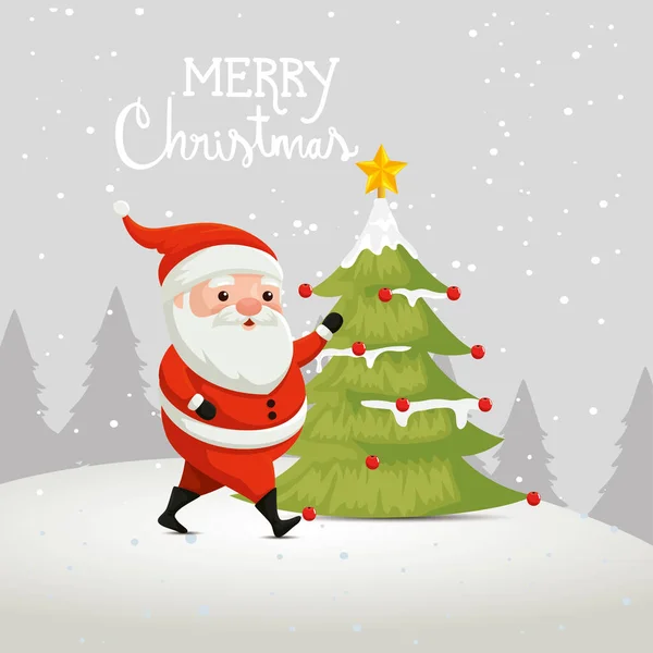 Alegre cartaz de Natal com Papai Noel e pinhal — Vetor de Stock