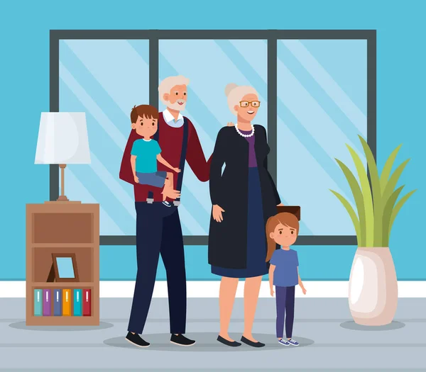 Grands-parents avec petits-enfants maison scène intérieure — Image vectorielle