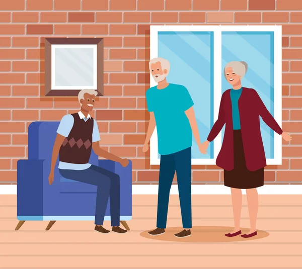 Groupe personnes âgées intérieur maison scène — Image vectorielle