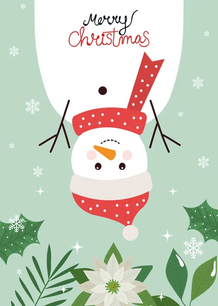 Frohe Weihnachten Plakat mit Schneemann und Blättern dekorativ — Stockvektor
