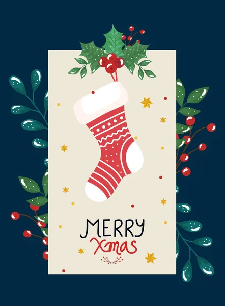 Merry christmas poster with sock and decorative leafs — Stock Vector