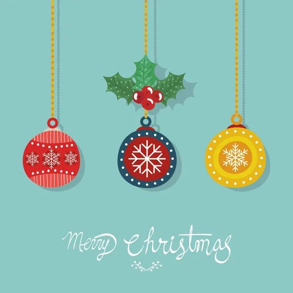 Feliz cartel de Navidad con bolas decorativas colgando — Vector de stock