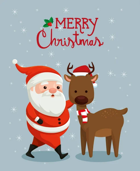 Merry christmas poster with santa claus and reindeer — ストックベクタ