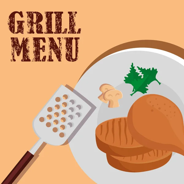 Grill menu met heerlijk eten in de schotel — Stockvector