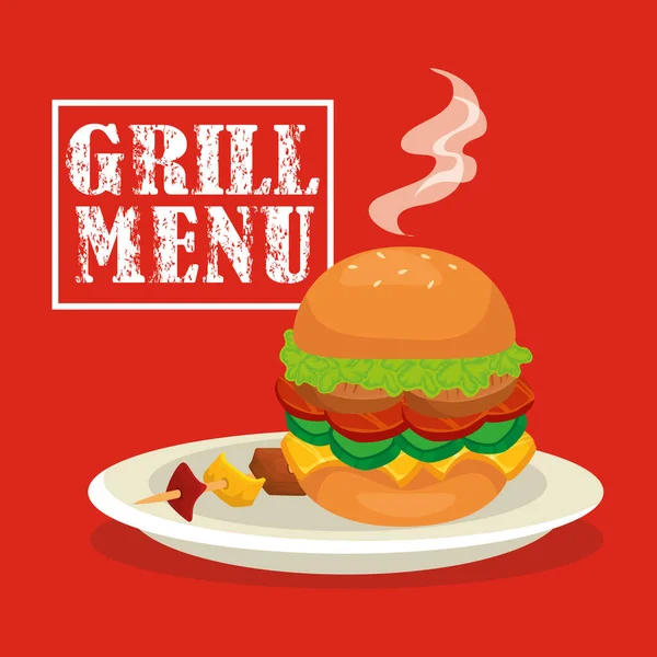 Gril menu s lahodným hamburgerem — Stockový vektor