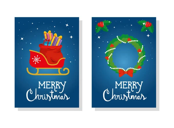 Set póster de Feliz Navidad con trineo y decoración de la corona — Vector de stock