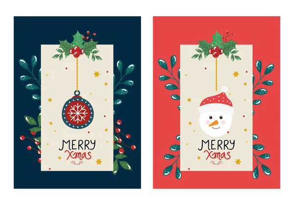 Set póster de feliz Navidad con bola y muñeco de nieve — Vector de stock