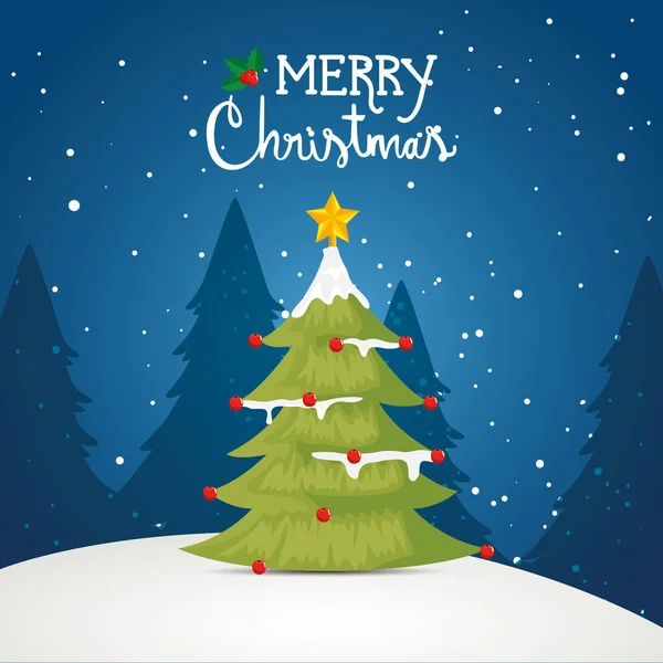 Веселий різдвяний плакат з сосновим деревом в зимовому пейзажі — стоковий вектор
