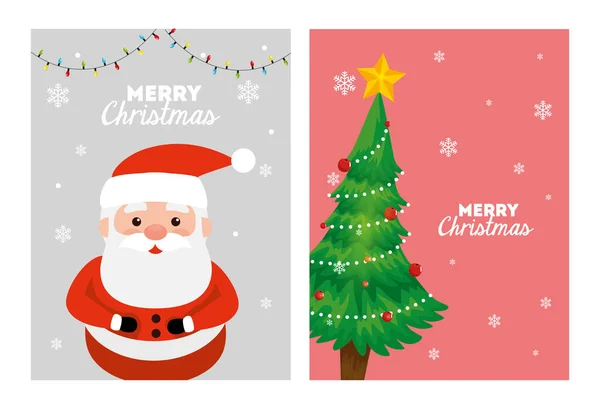 Set merry christmas poster with santa claus and pine tree — Stock Vector