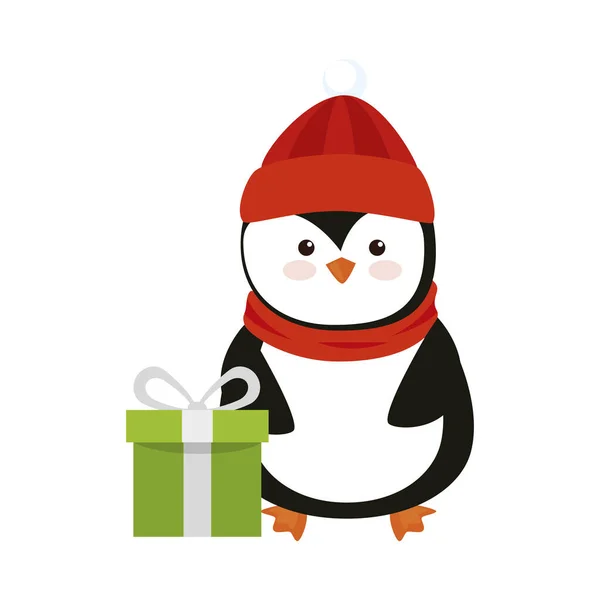 Merry christmas cute penguin with gift box — Stock Vector