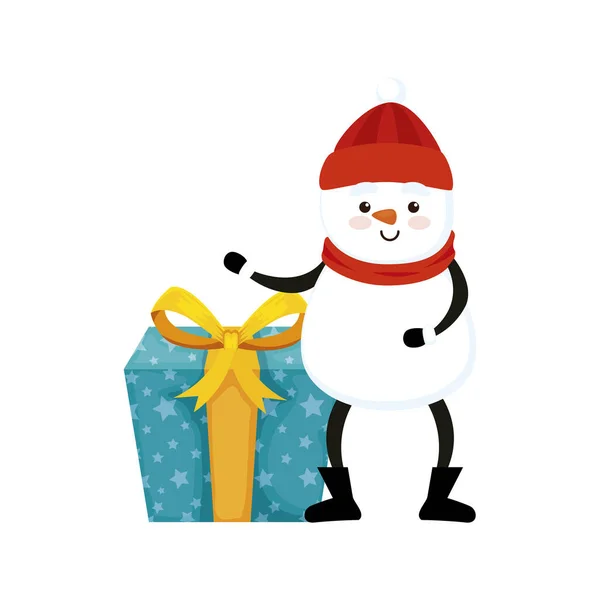 Feliz Natal bonitinho boneco de neve com caixa de presente — Vetor de Stock