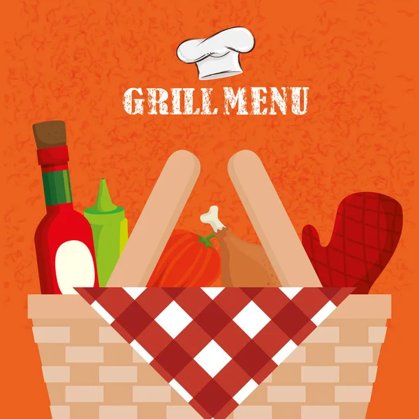 Grillmenu met mandenwicker en groenten — Stockvector