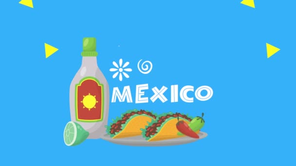 Viva mexico animace s tequila láhev a tacos — Stock video