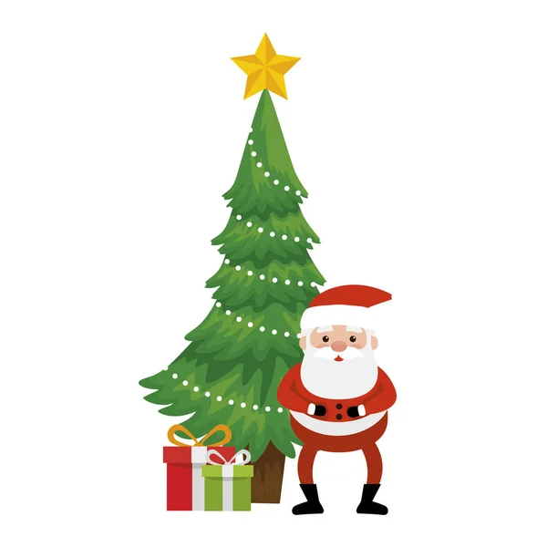 Pinjeträd jul med presentaskar och tomte claus — Stock vektor