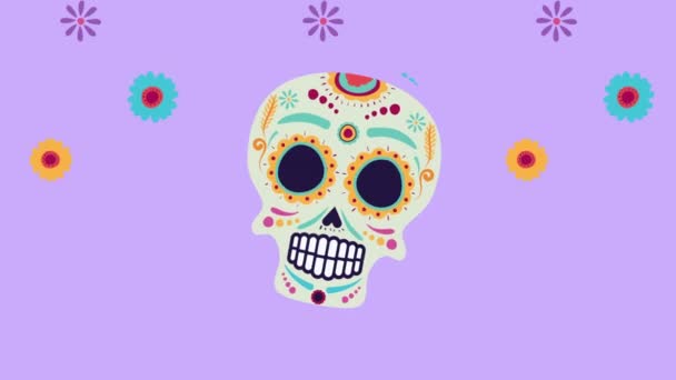 Animación día de los muertos con máscara de cráneo y flores — Vídeo de stock