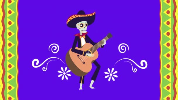 Viva mexico animation with skull mariachi playing guitar — Stock Video