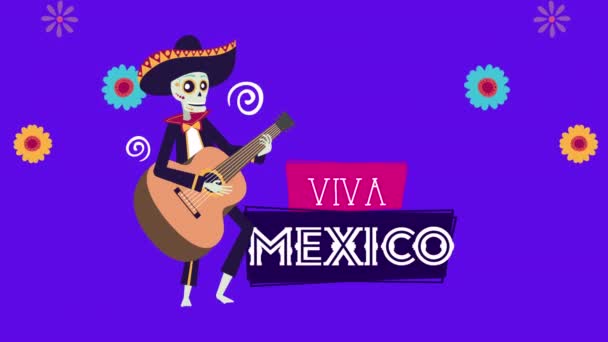 Viva mexico animation med skalle mariachi spela gitarr — Stockvideo