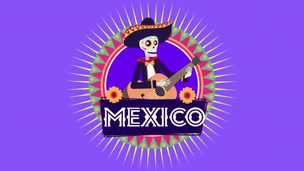 Viva mexico animation with skull mariachi playing guitar — Stock Video
