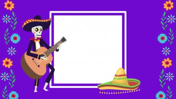 Viva Mexico Animation mit Totenkopf-Mariachi auf der Gitarre — Stockvideo