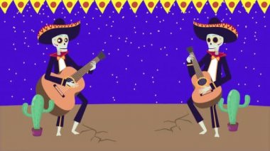 Yaşasın Meksika animasyonu. Kafatasları mariacis gitar çalıyor.