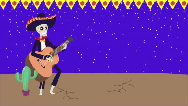 Viva animación mexicana con mariachi cráneo tocando la guitarra — Vídeos de Stock