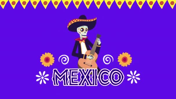 Живая мексиканская анимация с черепом мариачи на гитаре — стоковое видео