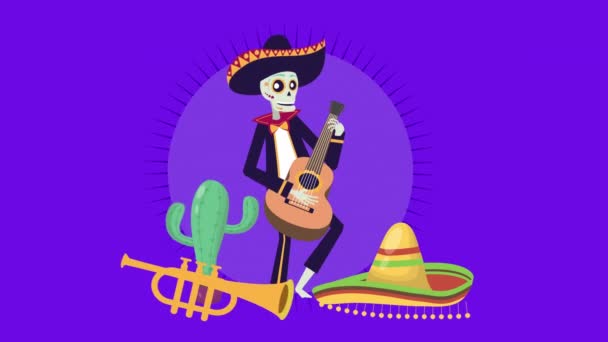 Viva mexico animation med skalle mariachi spela gitarr — Stockvideo