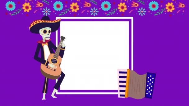 Viva mexico animatie met schedel mariachi spelen gitaar — Stockvideo