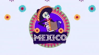 Yaşasın Meksika animasyonu. Kafatası mariachi akordeon çalıyor.