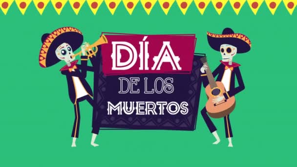 Día de los muertos animación con cráneos mariachis personajes — Vídeo de stock