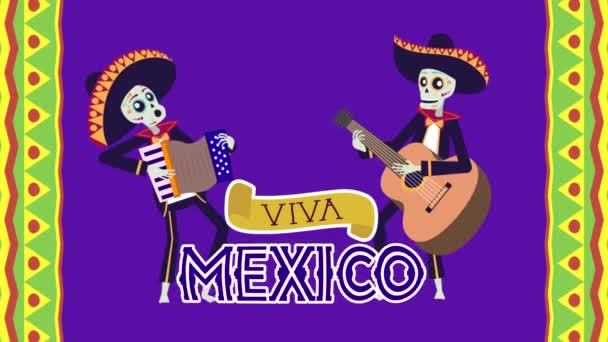 Viva animação mexico com crânios mariachis tocando guitarra e acordeão — Vídeo de Stock