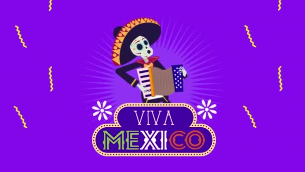 Viva animación mexicana con mariachi cráneo tocando acordeón — Vídeo de stock