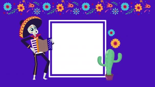 Viva animación mexicana con mariachi cráneo tocando acordeón — Vídeos de Stock